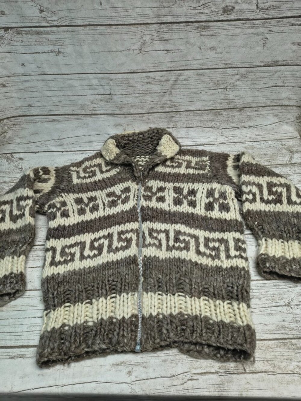 Vintage Cowichan Brown & Cream Hand Knit Zip Cardigan Jacket Lightning Zipper